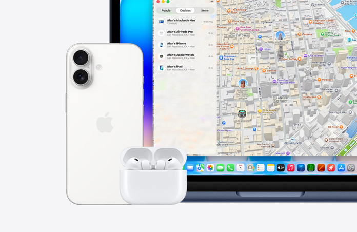 Apple Watch, text onscreen reads “This device is marked as lost, please contact me” with phone number, next to iPhone, AirPods Pro, and MacBook Neo, indigo color, screen shows Find My app with map and list of devices with their locations