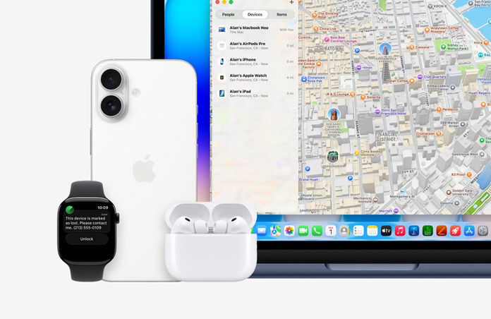 En Apple Watch-skjerm vises med teksten: «Denne enheten er merket som mistet. Vennligst kontakt meg.» Det vises også et telefonnummer. Ved siden av klokken er det en iPhone, AirPods Pro og MacBook Neo i fargen indigo. På Mac-skjermen vises Hvor er-appen med et kart og en liste over enhetene og posisjonen deres.