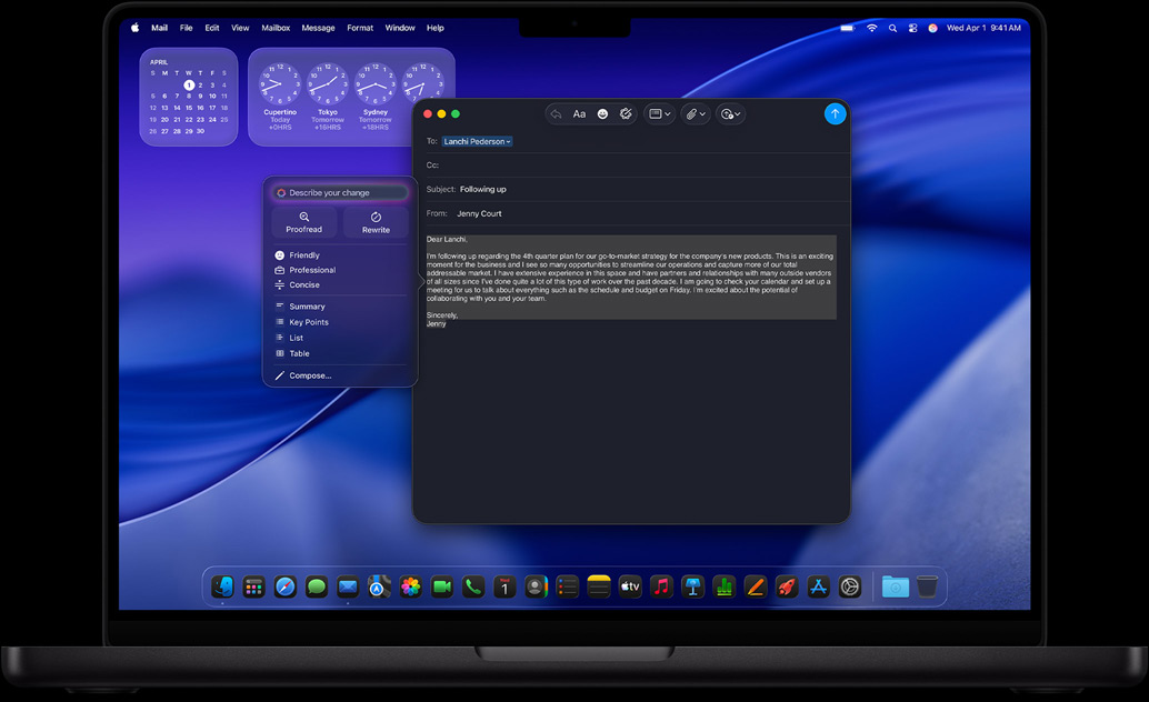 Strumenti di scrittura di Apple Intelligence che vengono usati per scrivere un’email