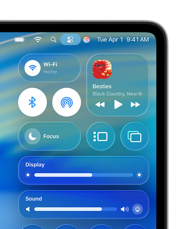 Mac-tietokoneen näytön oikeassa reunassa näkyvät Ohjauskeskuksessa Liquid Glass ‑ulkoasulla muokatut säätimet, kuten wifi ja Bluetooth