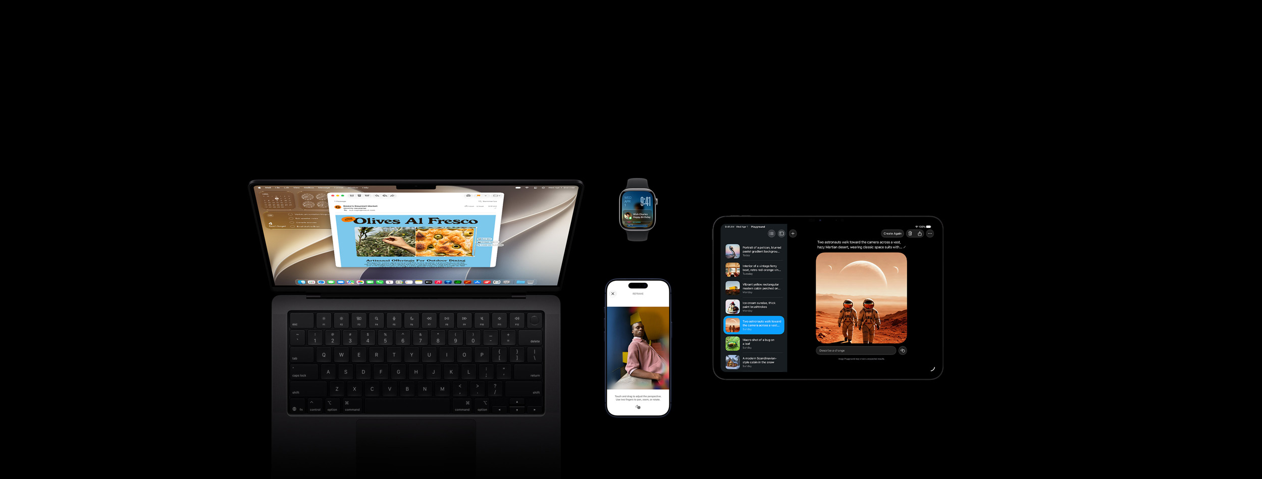 Fire produkter, inklusive iPhone 17 Pro i dybblå, der viser en demonstration af billedredigeringsfunktionen Genbeskæring med et billede af en person, der læner sig op ad en disk, Apple Watch Series 11 i space grey på 46 mm, der viser datoen og skærmlåsen med en påmindelse fra fødselsdagskalenderen i Smart stak, 14-tommers MacBook Pro i space black, der viser en demonstration af Visuel intelligens med et skærmbillede af olivenfocaccia fra en mail og flere anvisninger om billedet, og 11-tommers iPad Pro i space black, der viser Image Playground med et billede af to astronauter valgt på en liste i indholdsoversigten
