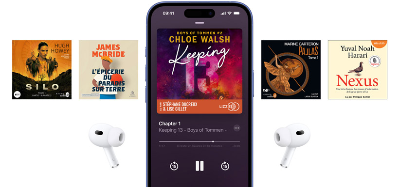 Un écran d’iPhone au centre montre un livre audio dans l’app Livres. Autour du téléphone se trouvent des couvertures de livres audio positionnées à l’horizontale.