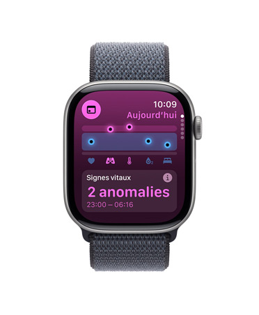 Apple Watch Series 11, couleur gris sidéral, boîtier en aluminium, app Signes vitaux, tableau des scores de santé, notification de valeurs anormales des signes vitaux nocturnes, côté droit, Digital Crown, Boucle Sport, couleur gris foncé
