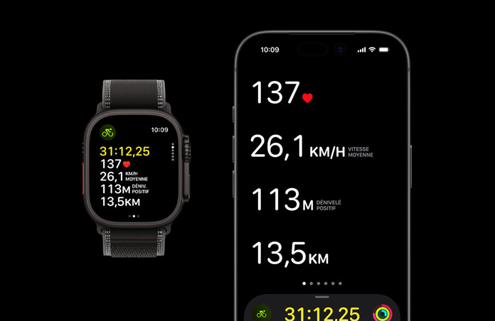 Apple Watch Ultra 3, finition noire, boîtier en titane, Boucle Trail, coloris noir/charbon, iPhone, données d’un exercice en cours affichées sur les deux appareils
