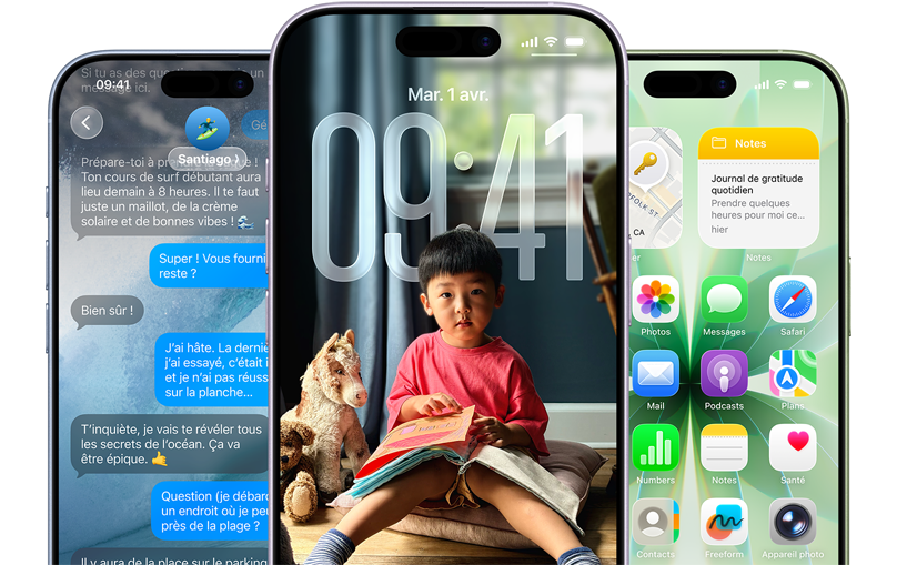 Plusieurs iPhone 17, face avant, coloris : brume, lavande, sauge, fonctionnalités iOS - Arrière-plan avec messages, Liquid Glass montrant l’écran verrouillé et l’écran d’accueil présentant plusieurs apps