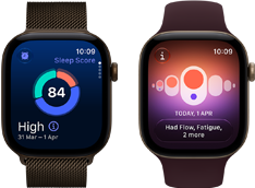 Δύο συσκευές Apple Watch Series 12, κάσα από αλουμίνιο σε σκούρο μπρονζέ χρώμα, κυκλικό γράφημα ποιότητας ύπνου, Digital Crown, λουράκι Milanese Loop σε σκούρο μπρονζέ χρώμα, κάσα από αλουμίνιο σε ανοιχτό χρυσαφί χρώμα, Καταγραφή Κύκλου, λουράκι Sport Band σε μπορντό χρώμα