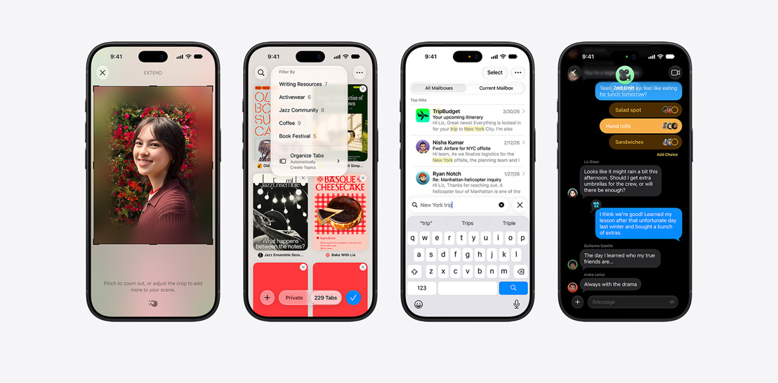 Μια διάταξη συσκευών iPhone 17 και 17 Pro, η καθεμία με διαφορετική οθόνη που δείχνει το iOS 26 και τις λειτουργίες του Apple Intelligence