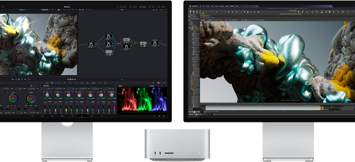 Οθόνη Studio&nbsp;Display και οθόνη Studio&nbsp;Display&nbsp;XDR, μία δίπλα σε κάθε πλευρά του Mac&nbsp;Studio, οι οποίες εμφανίζουν τον χώρο εργασίας του καλλιτέχνη, λογισμικό και εργαλεία μοντέλων 3D