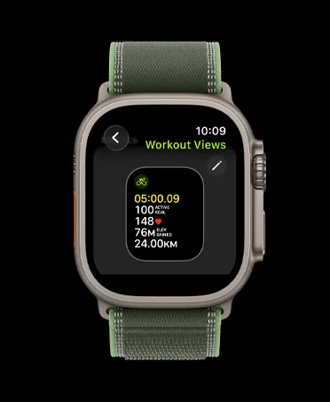 Apple Watch Ultra 3, titanium case, natural color, edit workout views screen, Trail Loop, green/neon color