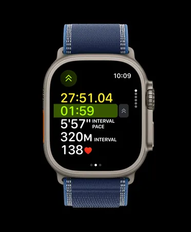 Apple Watch Ultra 3, natural color, titanium case, advanced Outdoor Run workout metrics, band, Trail Loop, blue/bright blue color