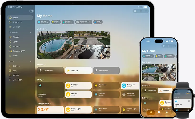 Home app displayed across iPad, iPhone, and Apple Watch, each showing My Home dashboard with cameras, climate, scenes, and device controls.