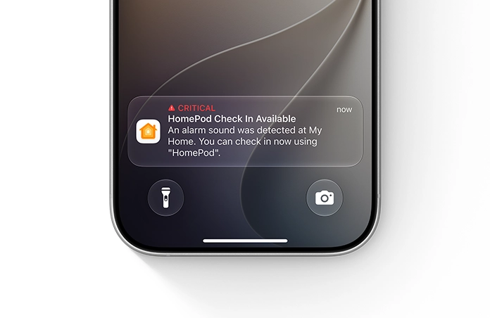 iPhone 螢幕顯示家居 app 的警報通知，文字寫著：Critical，HomePod Check In Available，An alarm sound was detected at My Home. You can check in now using “HomePod”.
