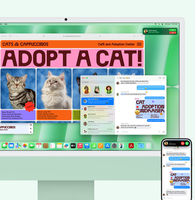 綠色 iMac 和 iPhone 並排展示，iMac 螢幕顯示 iPhone 的來電通知。兩部裝置顯示訊息 app 中相同的文字對話內容