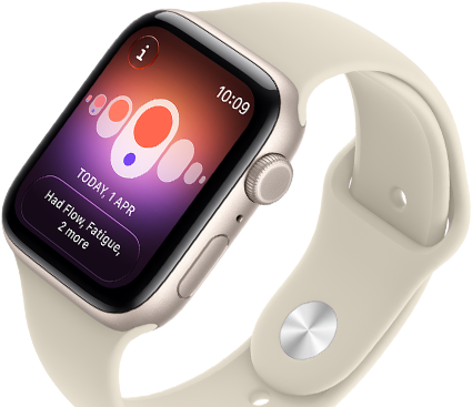 Apple Watch SE 3, aluminijsko kućište, boja zvjezdane svjetlosti, Praćenje ciklusa s različitim menstrualnim simptomima, desna bočna strana, Digital Crown, bočna tipka, sportski remen, boja pijeska