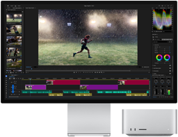 Studio Display XDR s ugrađenim stalkom, Mac Studio lijepo se uklapa ispod zaslona, na zaslonu je prikazan rad s alatima za uređivanje videozapisa i obradu boja