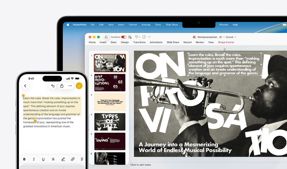 Egy iPhone 16 Pluson szöveg van kiemelve a Jegyzetek appban, egy MacBook Airen pedig egy PowerPoint-dia van megnyitva, amelyen látható a Jegyzetekben kijelölt szöveg