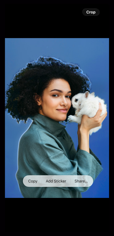 Egy iPhone kijelzőjén egy nyulat tartó személy fotója látható, amit a felhasználó matricává alakít a Fotók appal