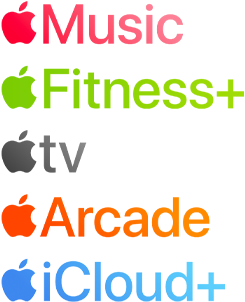 Apple subscription services logotypes including Apple Music, Fitness+, Apple TV+, Apple News+, Apple Arcade, iCloud+