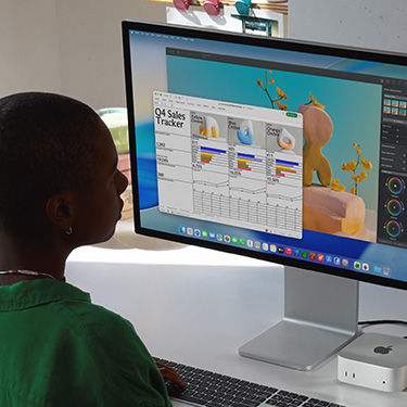 Wanita sedang duduk sambil mengerjakan spreadsheet Excel di Mac. Spreadsheet Excel adalah pemantau penjualan Q4. Di balik jendela spreadsheet Excel terdapat jendela Pixelmator Pro.