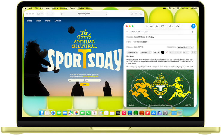 MacBook Neo, warna citrus, pengguna sedang menyusun email undangan ke pameran seni, situs web untuk acara tersebut terbuka di samping