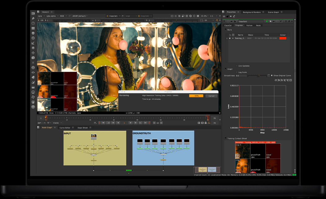 Layar MacBook Pro menampilkan NukeX yang sedang digunakan untuk mengomposisi video