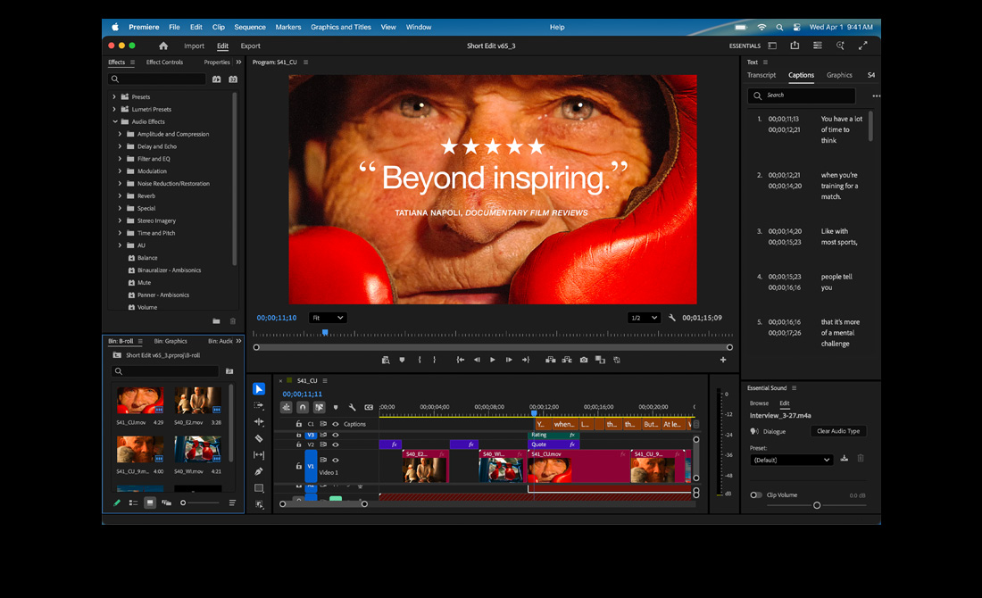 Layar MacBook menampilkan pengeditan film berjudul Eternal Play di Adobe Premiere Pro
