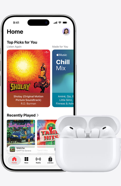 iPhone 17 Pro, front exterior, Apple Music app with Home Screen open, next to AirPods Pro 3 in open MagSafe Charging case