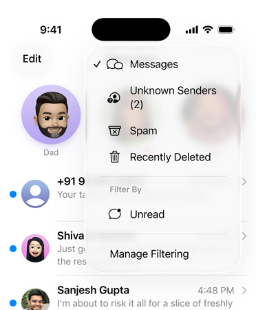 Messages app showing new screening tools feature that now filters unknown numbers into a section called Unknown Senders
