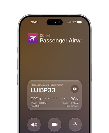 iPhone 18 Pro, Silver, displaying Call Context feature powered by Apple Intelligence. Front screen shows airline confirmation details while on a call