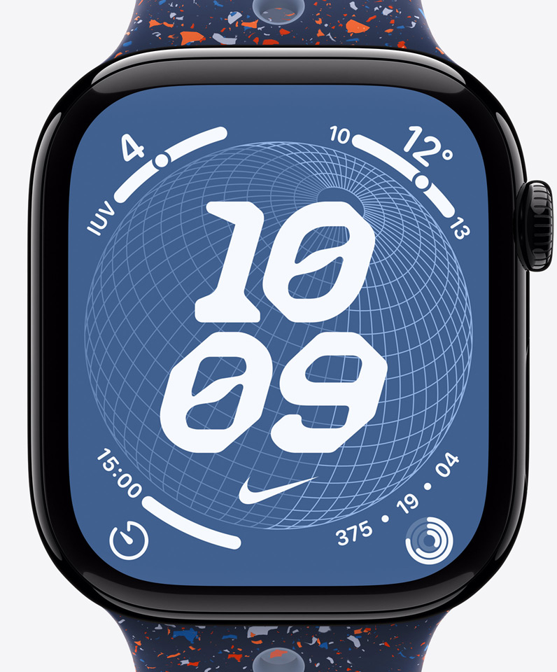Quadrante Nike Globe, orario, logo Nike, complicazioni: indice UV, meteo, timer, anelli Attività