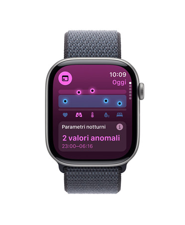 Apple Watch Series 11, cassa in alluminio grigio siderale, app Parametri vitali, grafico con un riepilogo dei dati sanitari, notifiche parametri vitali notturni anomali, lato destro, Digital Crown, cinturino Sport Loop grigio scuro