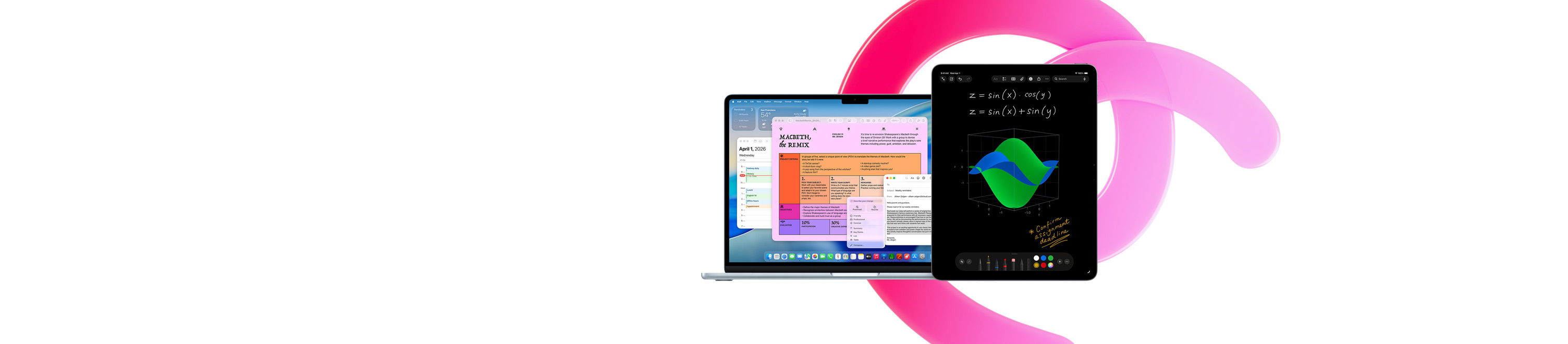 Un MacBook Air con Pages, Calendario, Mail e un avviso, accanto a un iPad con delle equazioni scritte a mano in Note matematiche, per mostrare la produttività con le app integrate