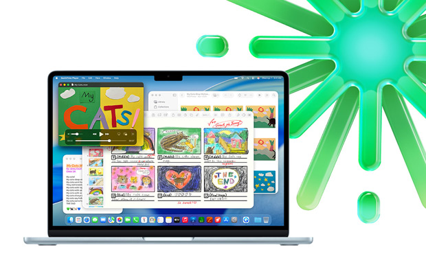 MacBook celeste che mostra le app QuickTime, Note, Keynote e Foto per mettere in risalto la possibilità di lavorare in multitasking con più app