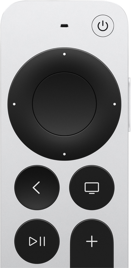 실버 색상 Siri Remote의 앞면. 상단 중앙의 마이크, 오른쪽 상단의 전원 버튼, 원형의 검은색 클릭패드, 두 개의 열로 배열된 버튼들이 보이는 모습 후면, TV/홈, 재생/일시정지, 음량