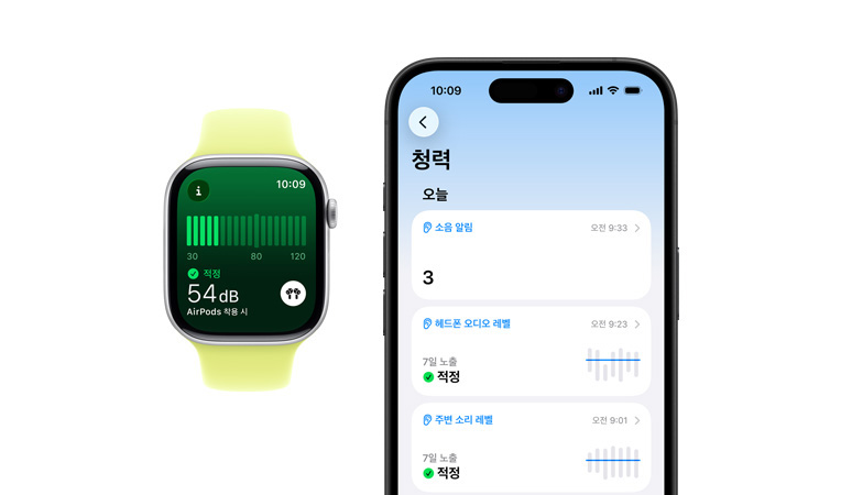 ‘소음’ 앱이 보이는 실버 색상 알루미늄 케이스의 Apple Watch Series 11과 네온 옐로 스포츠 밴드, 그리고 페어링된 iPhone에 일일 상세 청력 요약이 표시된 모습