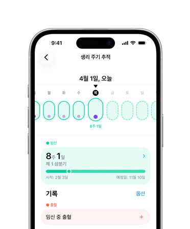 iPhone의 ‘건강’ 앱에서 ‘생리 주기 추적’이 임신 관련 중요 사항을 추적하도록 설정된 모습