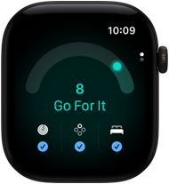 „Apple Watch Series 12“: juodos spalvos aliuminio korpusas, pasirengimo įvertis – 8, dešinėje korpuso pusėje – „Digital Crown“.