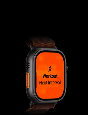 Apple Watch Ultra 4, titāna ietvars, melns, skriešanas treniņš, nākamais intervāls, kreisais sāns, oranža Action poga, Alpine Loop siksniņa