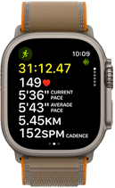 Apple Watch Ultra 4, titāna ietvars, dabīga krāsa, detalizēti āra skriešanas treniņa rādītāji, labais sāns, Digital Crown, paaugstināta sānu poga, Trail Loop siksniņa, smilšu krāsa