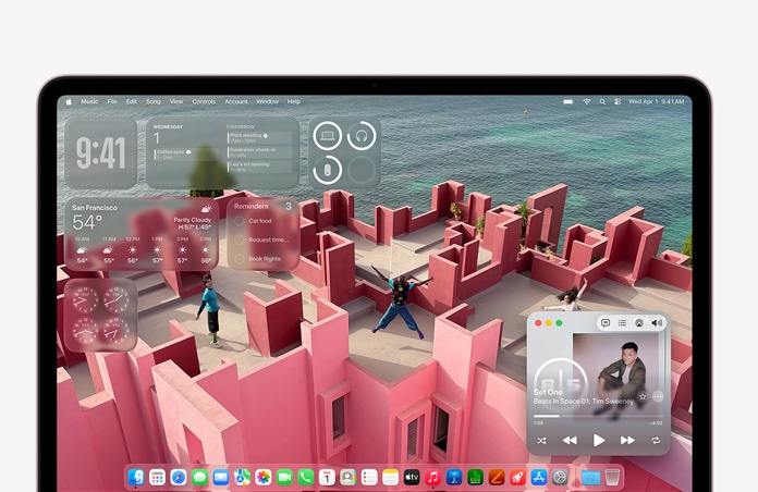 Pielāgots MacBook Neo ekrāns ar fona tapeti, kurā redzama jumta terase pie jūras, un dažādiem logrīkiem, piemēram, Music, Calendar, Weather un Reminders