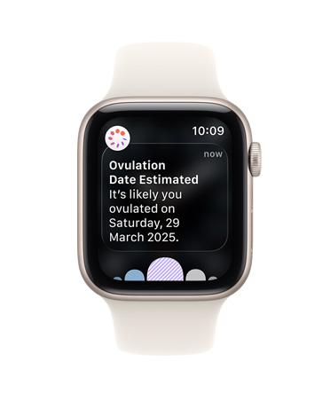 Apple Watch SE 3, aluminum case, starlight color, ovulation date estimation notification from Cycle Tracking in Health app, Digital Crown, Sport Band, starlight color