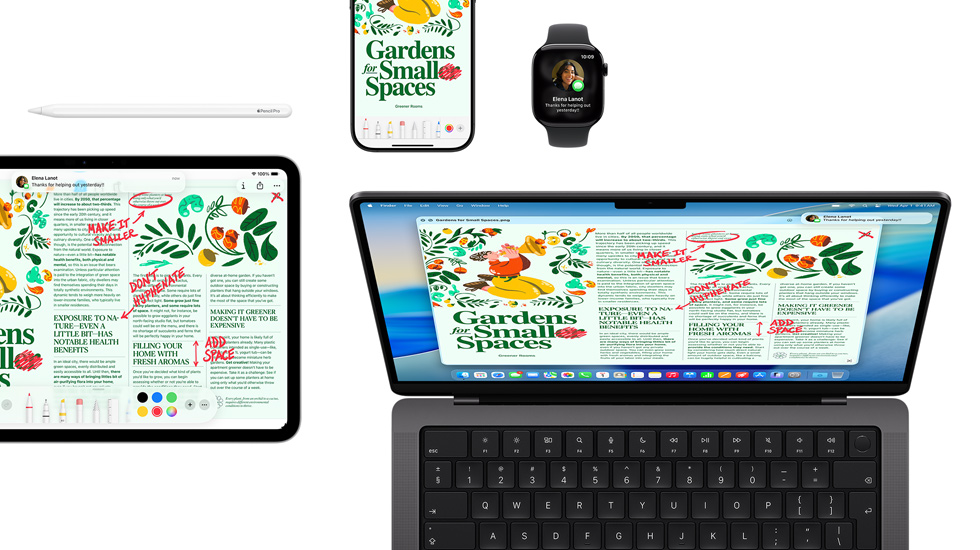 A suite of devices including an iPad, iPhone, Apple Watch, and macOS Tahoe on Mac, which all show the same magazine layout.