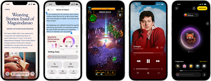 Side-by-side iPhone 17e devices showing different screens: Safari Web browser, Writing Tools, a game being played, Apple Music App, a Genmoji being created.