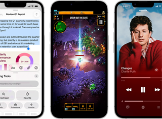 Side-by-side iPhone 17e devices showing different screens: Safari Web browser, Writing Tools, a game being played, Apple Music App, a Genmoji being created.