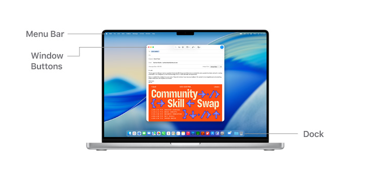 A tour of macOS navigation on MacBook Pro 14" with lines indicating the location of the Menu Bar, Window Buttons, and Dock.