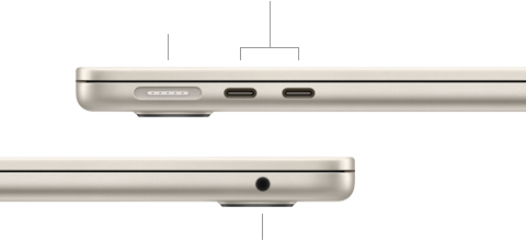 صورة للجانب الأيسر من جهاز MacBook&nbsp;Air وهو مغلق، تعرض منفذ&nbsp;MagSafe مع اثنين من منافذ ثندربولت، وللجانب الأيمن، تعرض مقبساً لسماعات الرأس