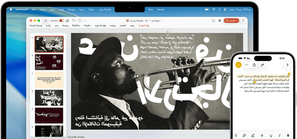 جهاز iPhone&nbsp;16&nbsp;Plus مع نص مظلل في تطبيق الملاحظات وجهاز Macbook&nbsp;Air يظهر شريحة مفتوحة في Keynote ونص من تطبيق الملاحظات على الشريحة