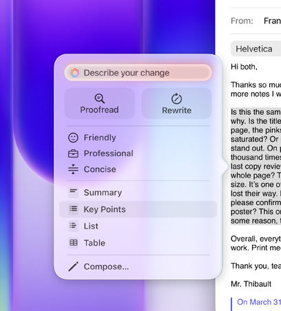 أدوات الكتابة قيد الاستخدام، تبرز فقرة نصية كبيرة في إيميل، قائمة أدوات الكتابة تعرض خيار النقاط الرئيسية محدداً، مع أيقونة قائمة مرقمة