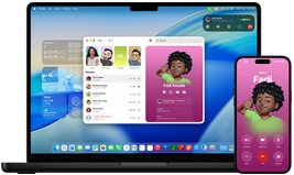 MacBook Pro and iPhone 16 Plus, Phone app open, same contact displayed on both screens