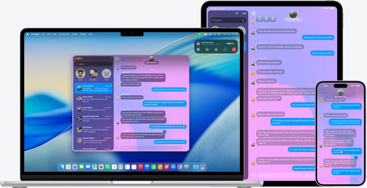 Apple products: 15-inch MacBook Air, 13-inch iPad Pro, and iPhone 16 Plus, the same iMessage conversation displayed on each screen